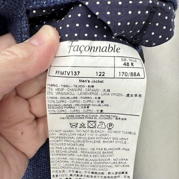 FACONNABLE jacket blazer sport coat wool hemp cupro two button blue US 38R - Picture 9 of 10